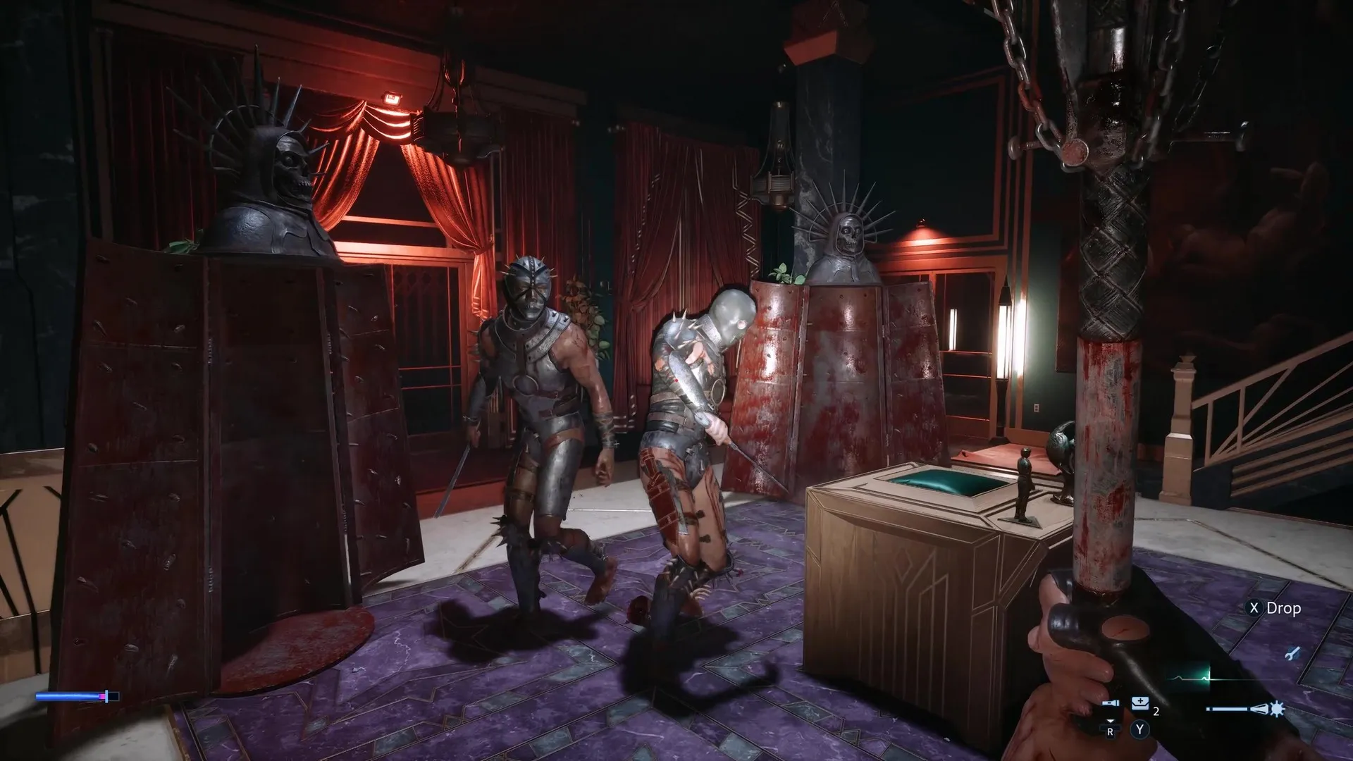 Fighting two armored enemies within a plush mansion in Hellraiser: Revival