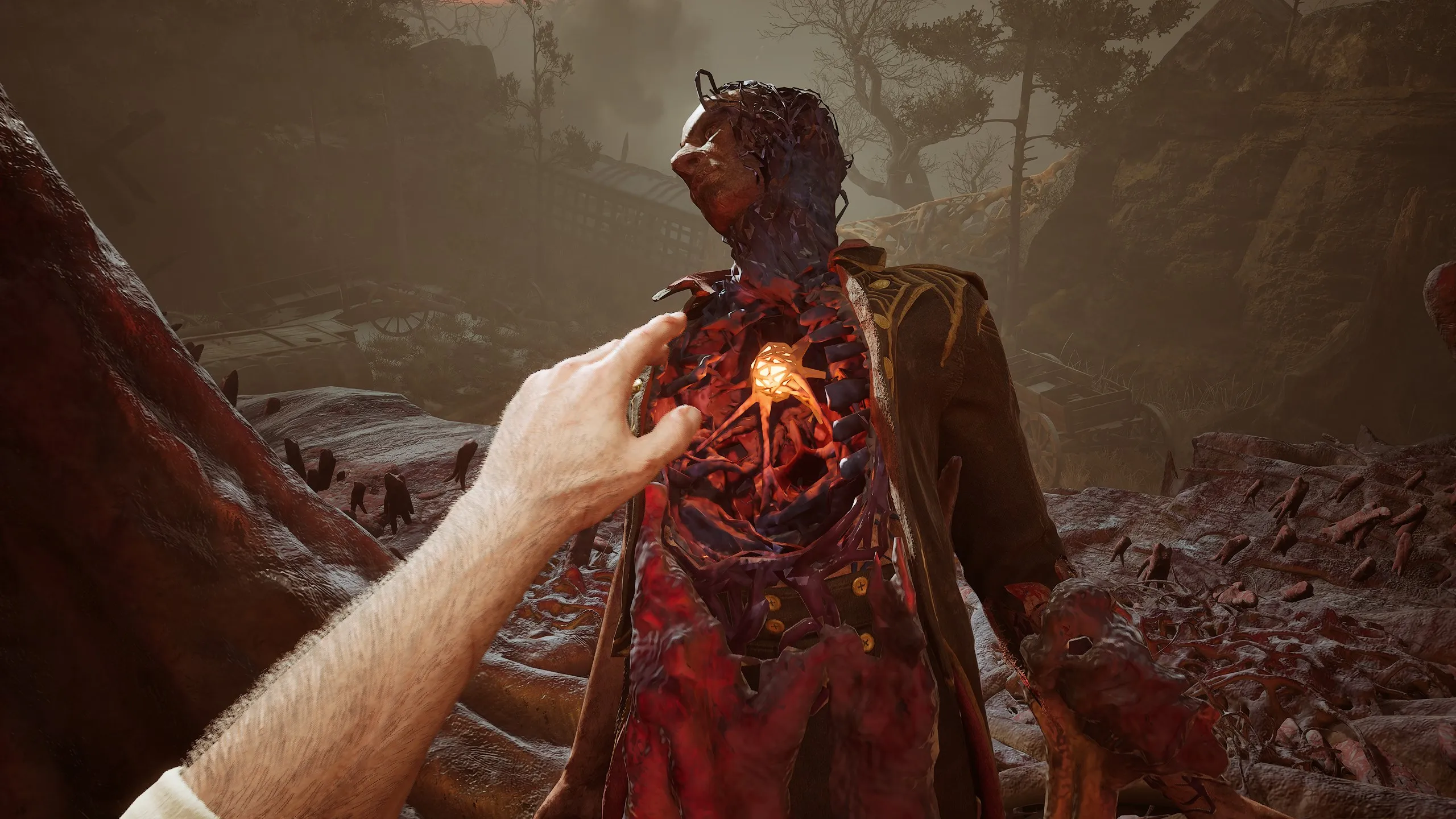 Reaching out for a red orb within a soldier's ribs in Valor Mortis