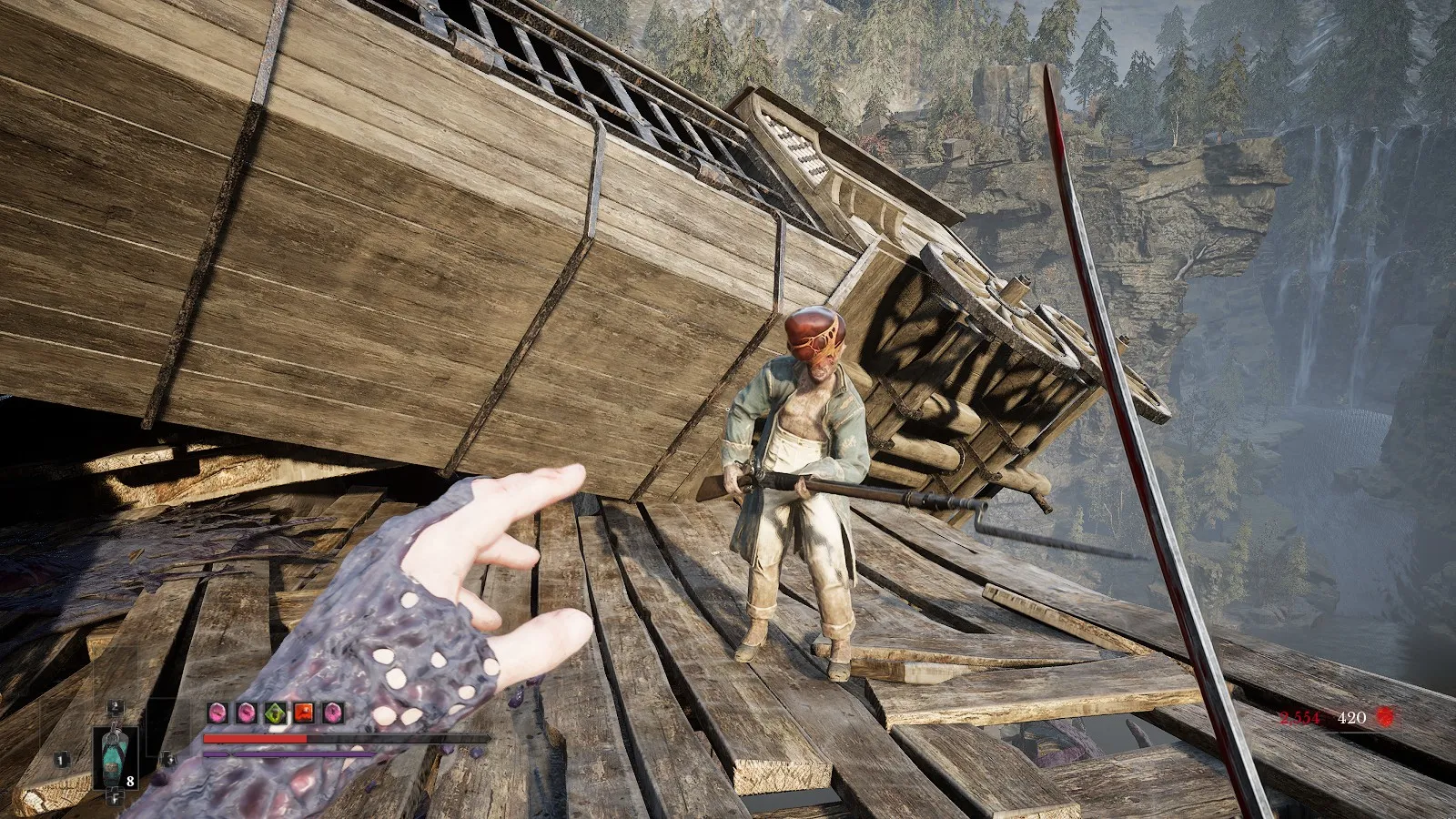 An undead soldier with a red growth on their head in Valor Mortis clutches a rifle near a derailed train
