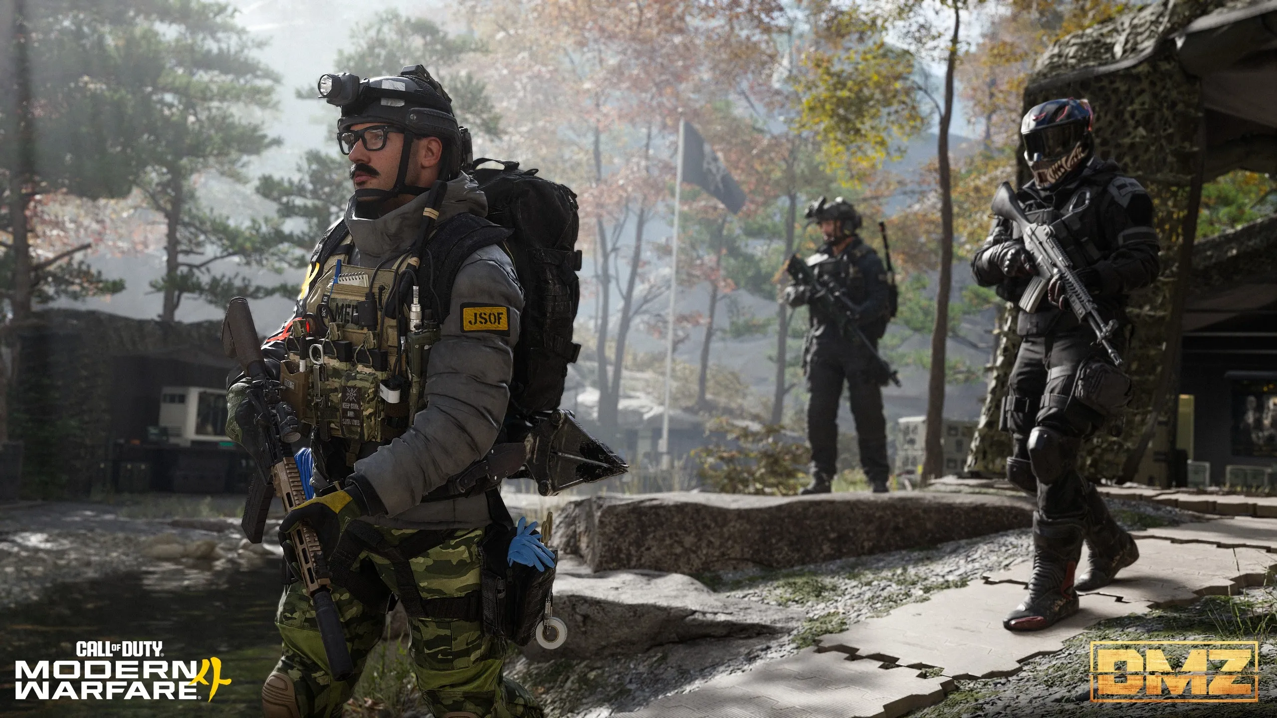 Artwork from Call of Duty: Modern Warfare 4 depicting three operators in the Forward Operating Base (FOB).