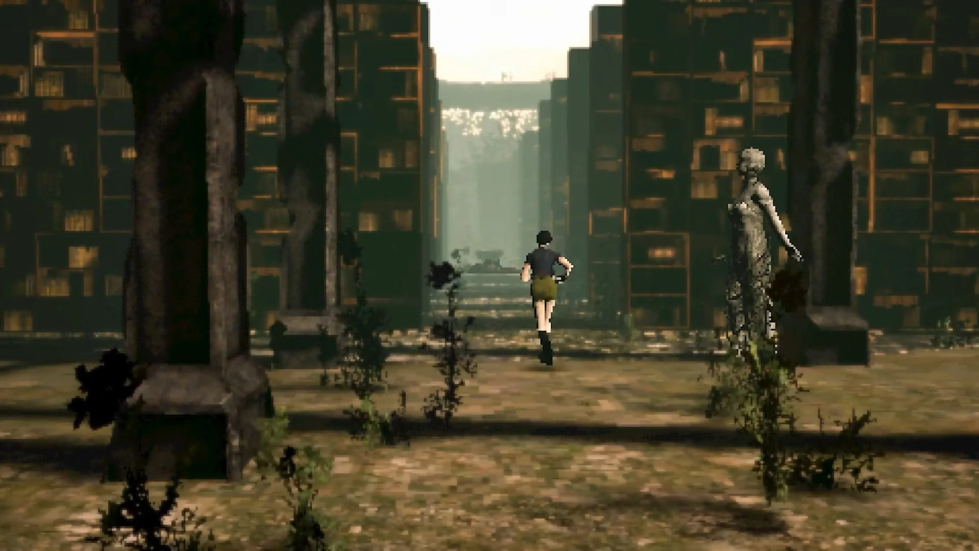 Sam runs through bookshelves in a forest in Heartworm