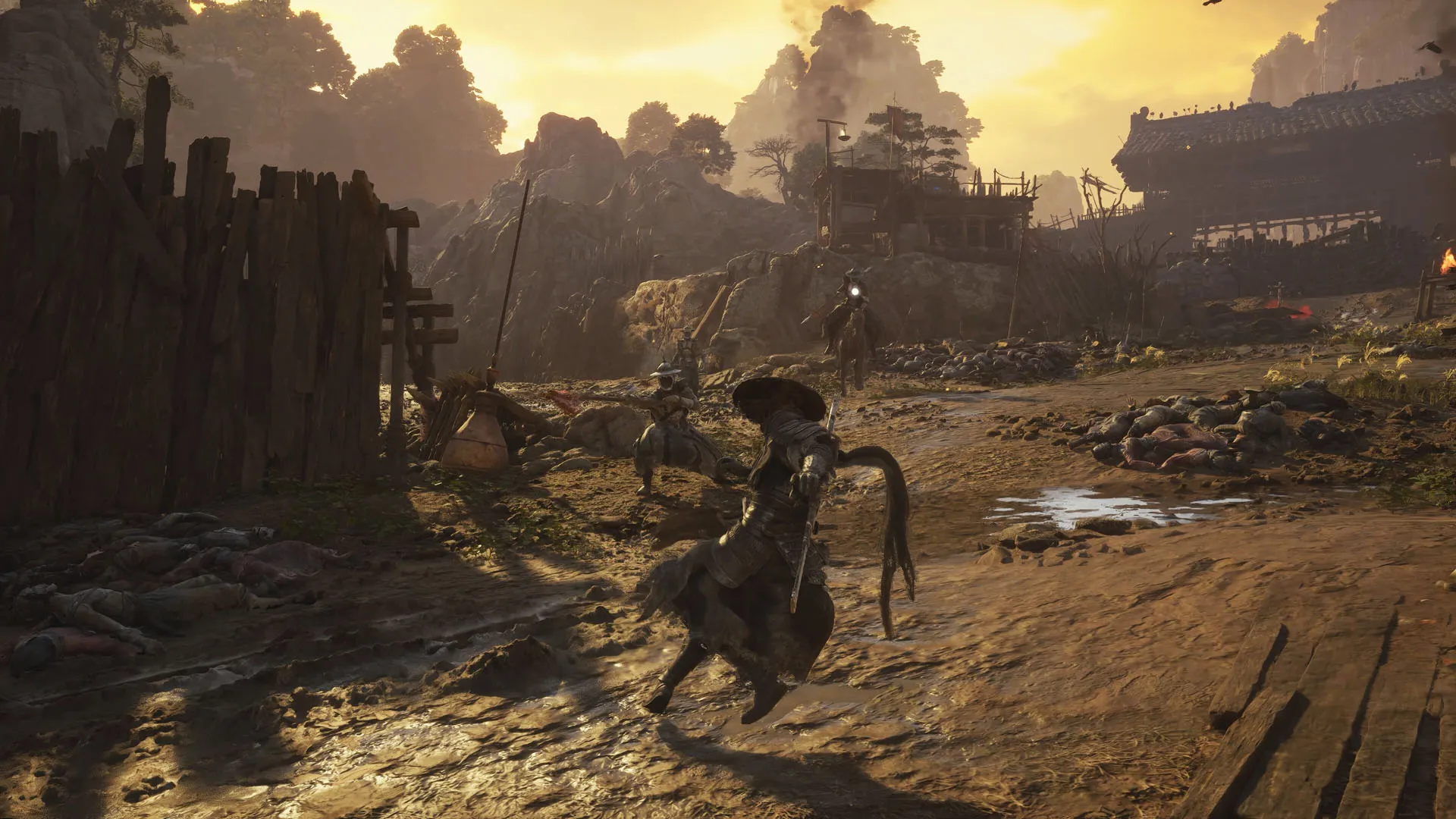 Soul dodges enemies on a battlefield, one of them mounted on a horse, in Phantom Blade Zero