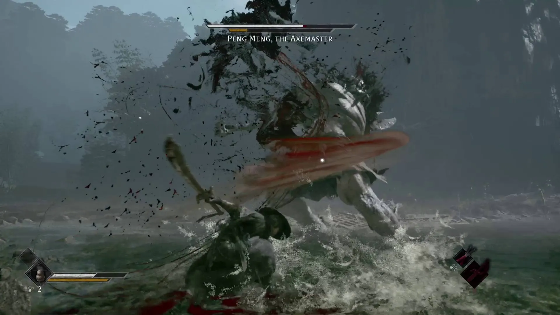 Phantom Blade Zero Soul fighting Peng Meng, the Axemaster, and causing massive blood loss with his sword