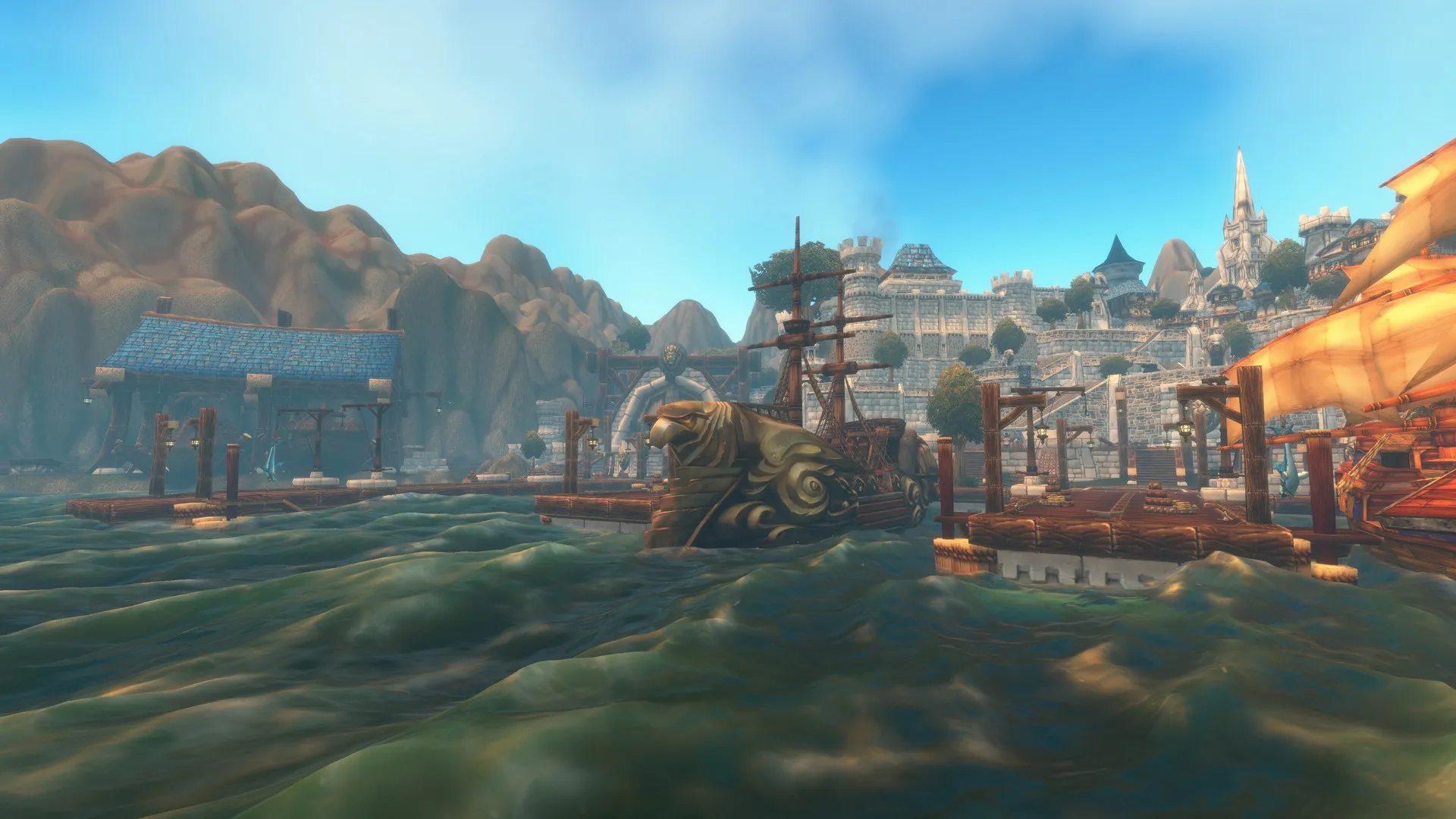 A look at World of Warcraft: Forever's new water in a port town, where a big ship is docked in harbor