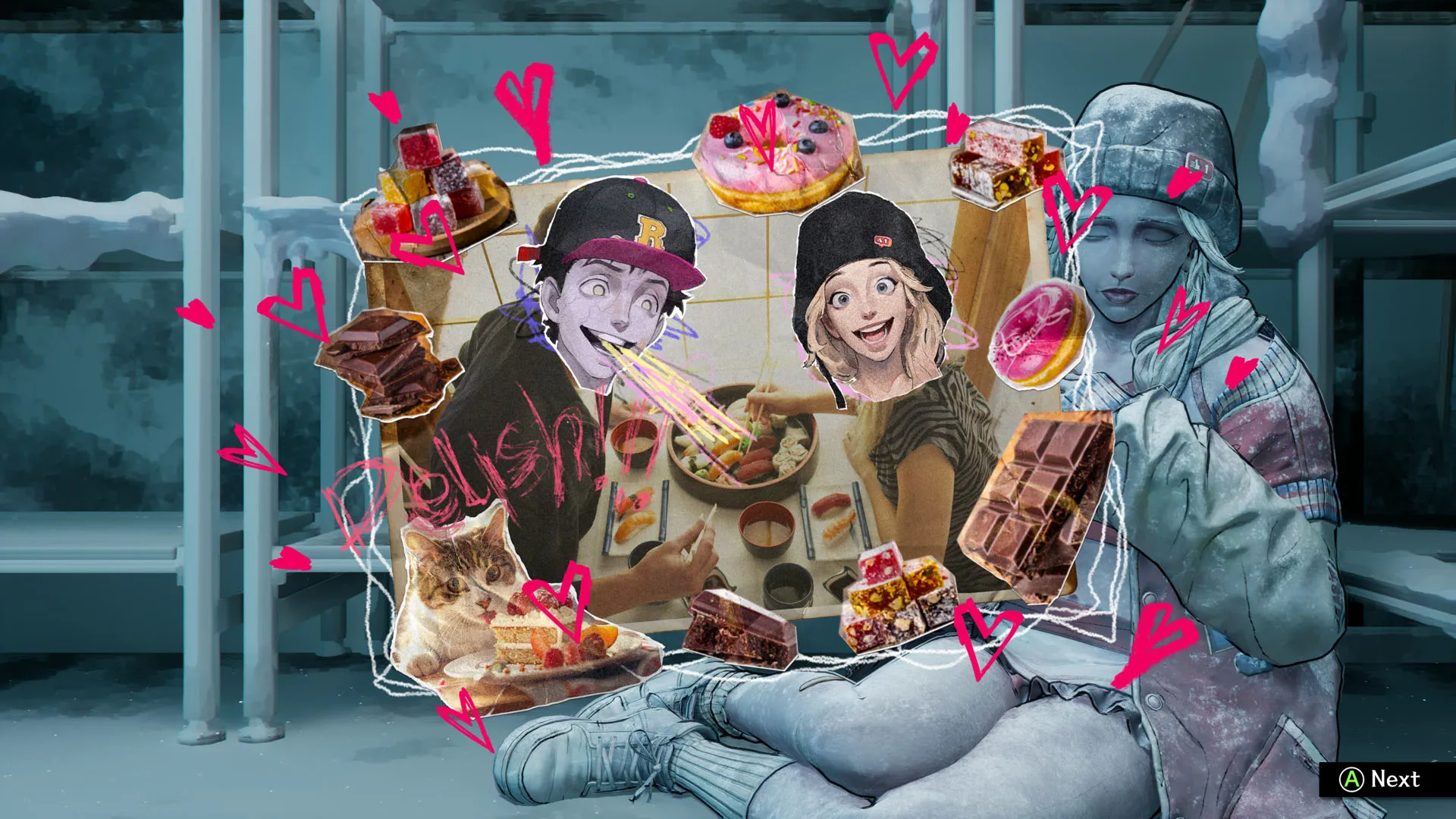 A zine-like collage shows Davy and his unfrozen cheerleader crush hanging out at restaurant in Stupid Never Dies, superimposed over the freezer where she remains frozen