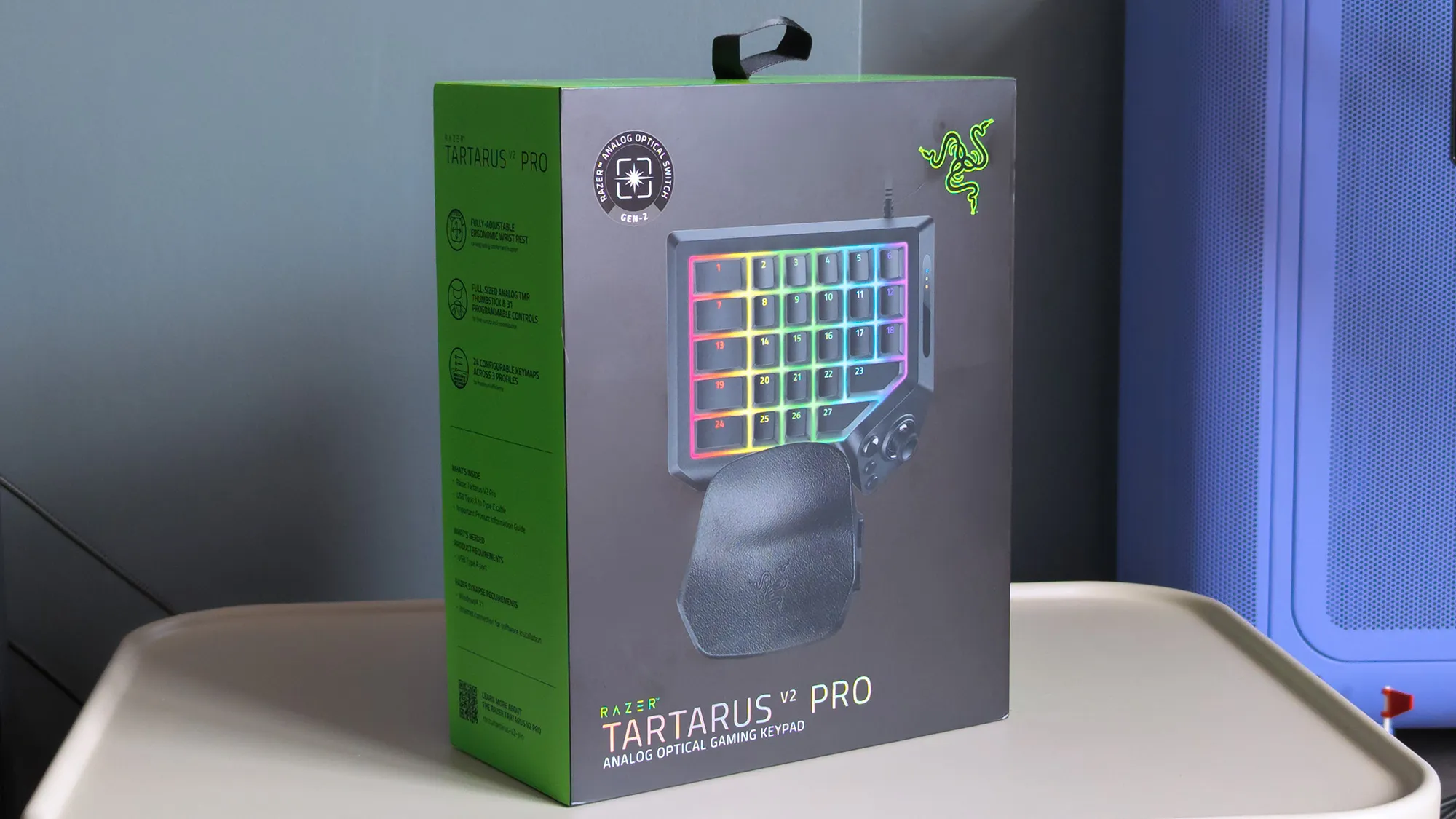 Razer Tartarus V2 Pro in retail packaging on a metal table