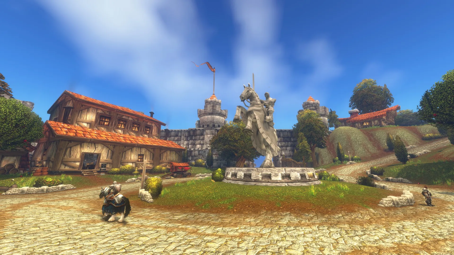A character rides a horse by a large statues in the Riverglades zone in World of Warcraft: Forever's Camelot