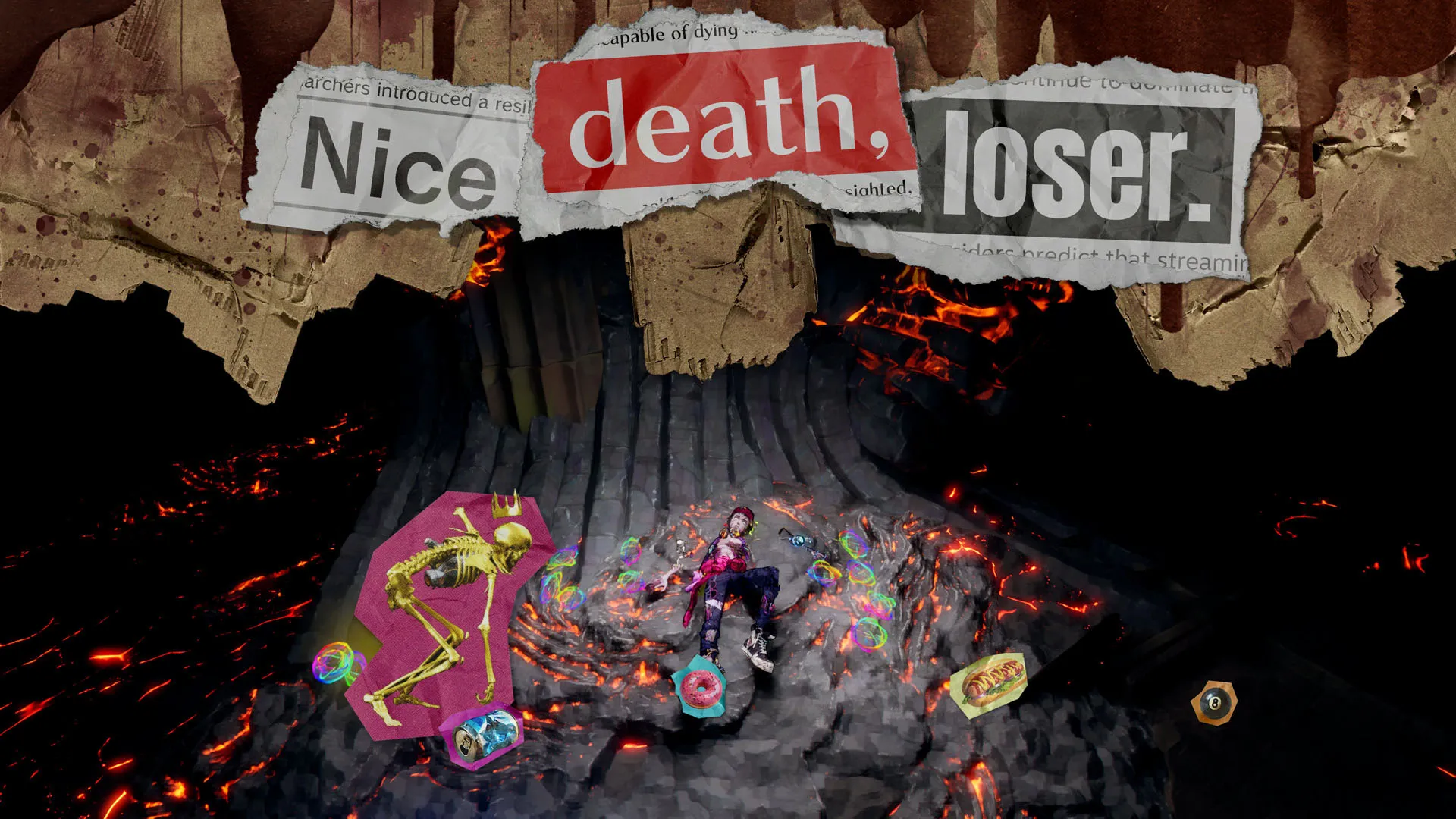 "Nice death, loser," says Stupid Never Dies in a newsprint collage over an image of Davy lying on the ground defeated