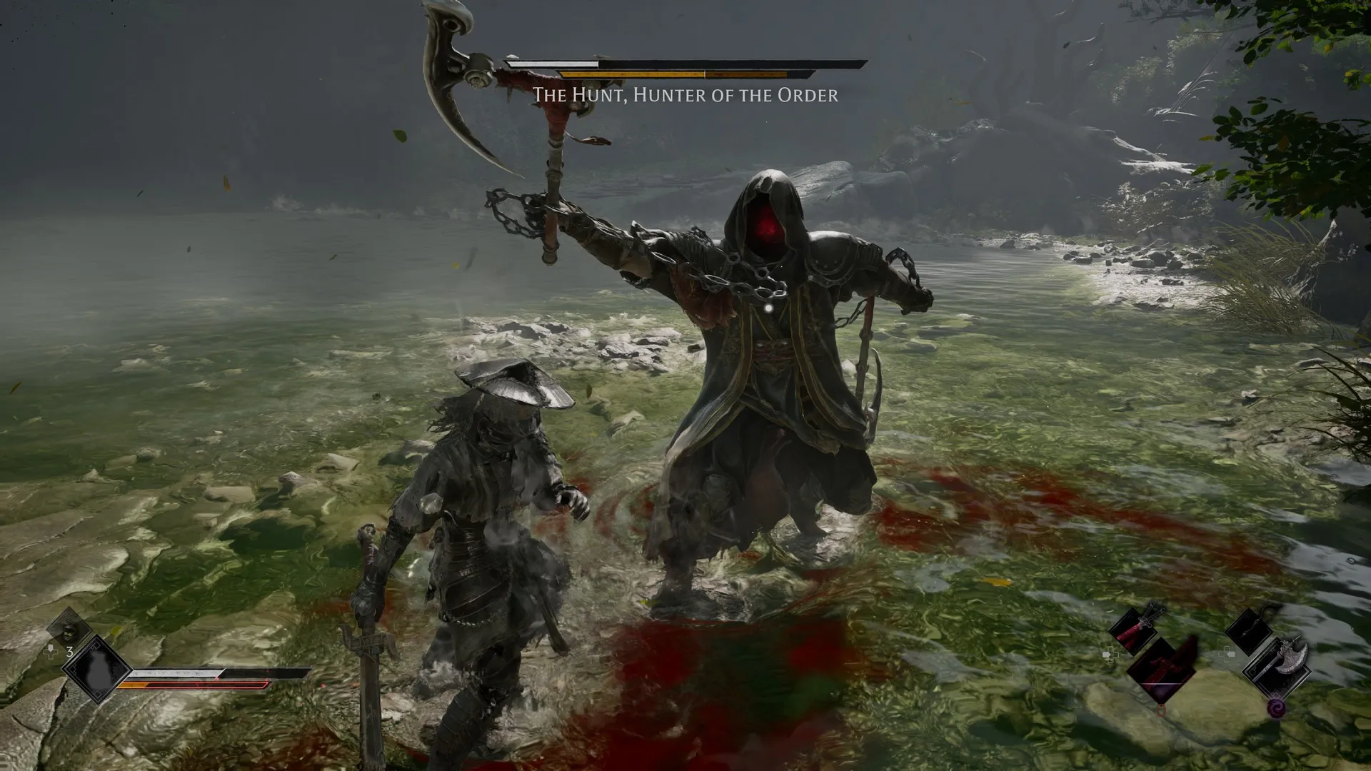 The Hunt, Hunter of the Order, a cloaked boss enemy, raises an axe to attack Soul in Phantom Blade Zero in a shallow pond