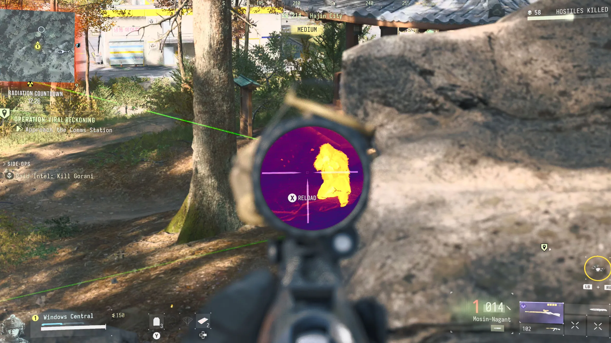 First person view of a thermal scoped sniper rifle against a lieutenant in Modern Warfare 4 DMZ.