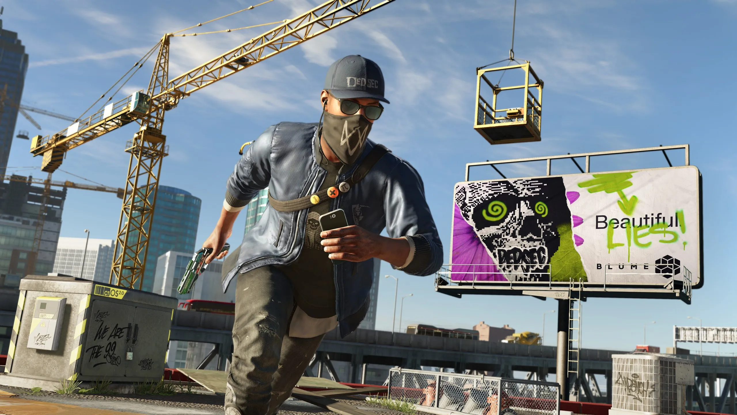 Marcus, masked, running towards the screen with phone and gun in hand in Watch Dogs 2