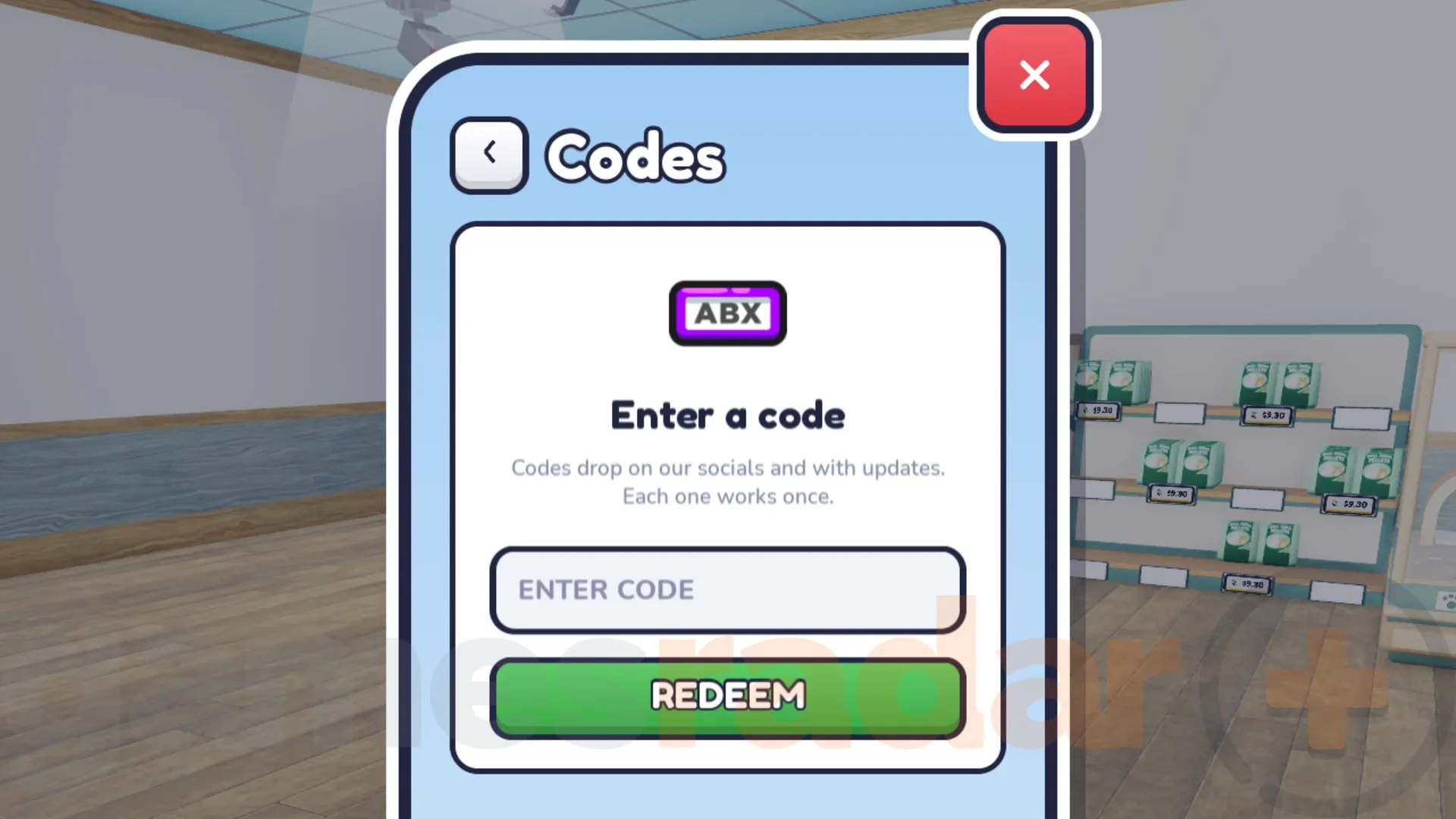 The Pet Store Tycoon codes redemption box.