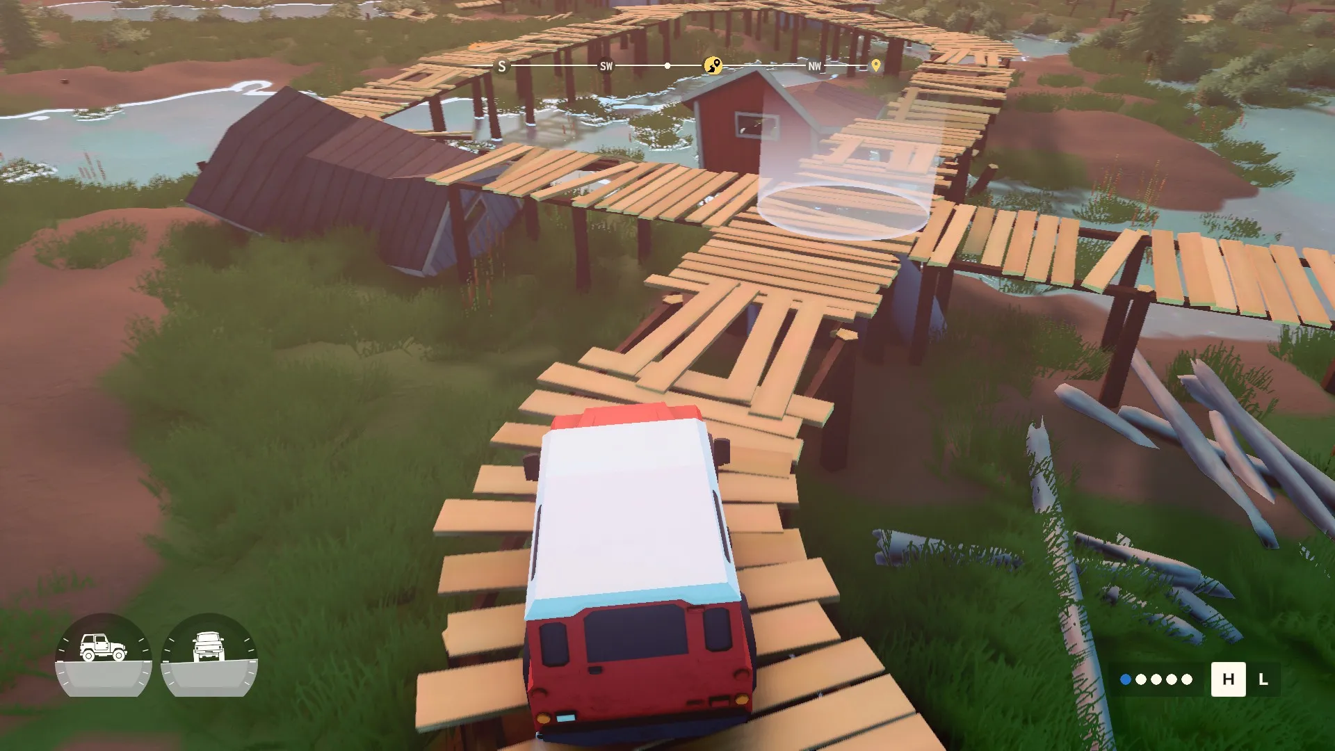 A 4x4 in Over The Hill drives over wooden walkways