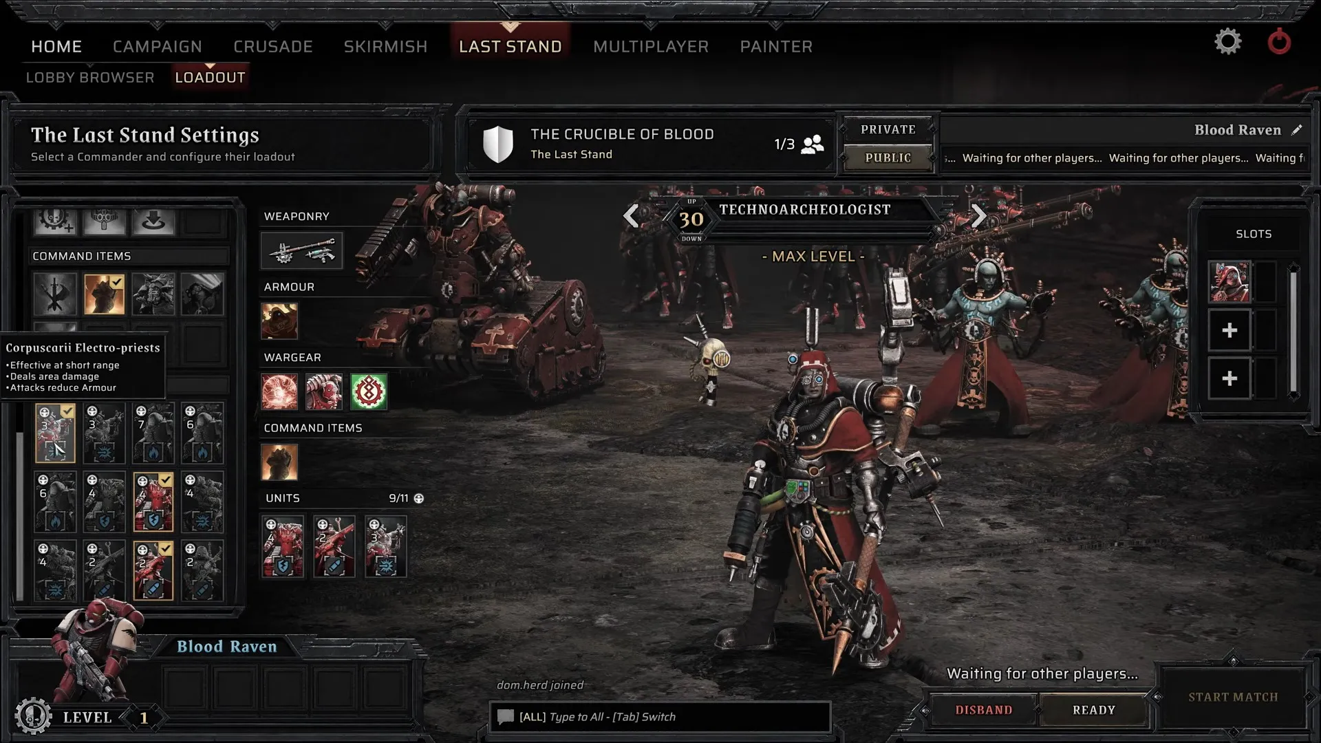 A grim sci-fi game menu shows armored Blood Raven Space Marines on a ruined battlefield, with loadout, squad settings, and matchmaking panels.