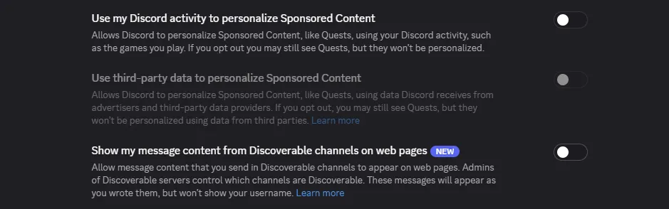 Dark-mode Discord settings show off toggles for sponsored-content personalization, third-party data, and Discoverable-channel messages (NEW).