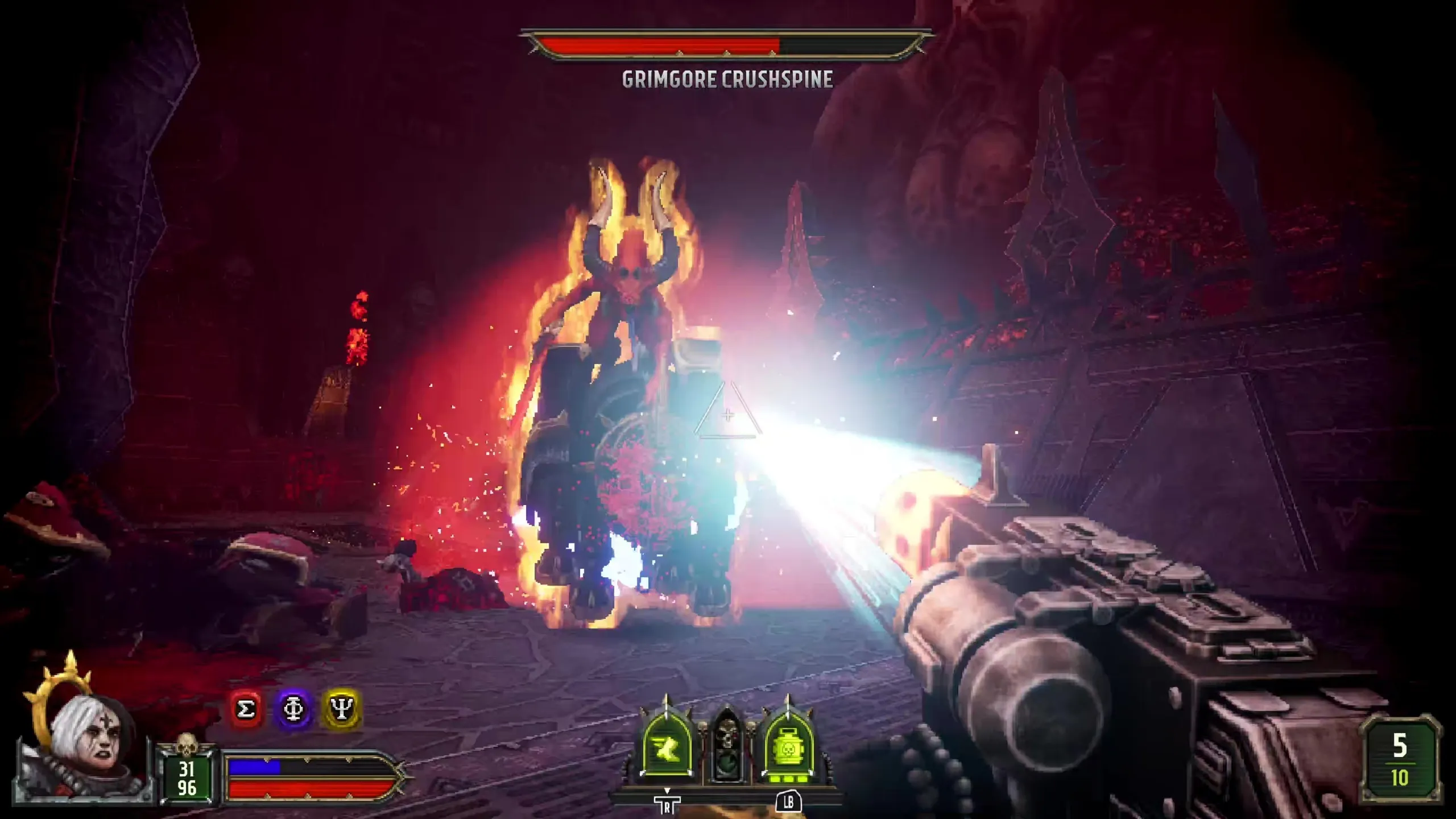 A first-person shooter battle: a horned demon boss looms in a crimson dungeon as the player fires a blinding weapon blast; tense game HUD visible.