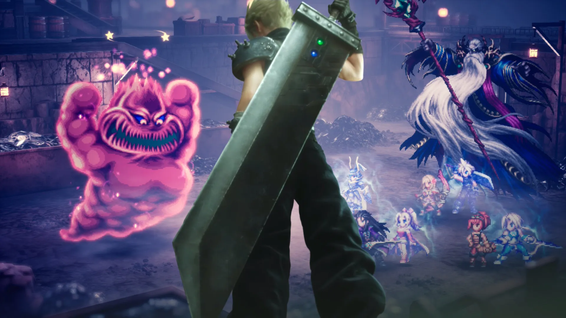 Cloud Strife from the Final Fantasy 7 Remake trilogy is superimposed onto a battle screen in Final Fantasy Resonance as he stands, back turned, clutching the hilt of the Buster Sword