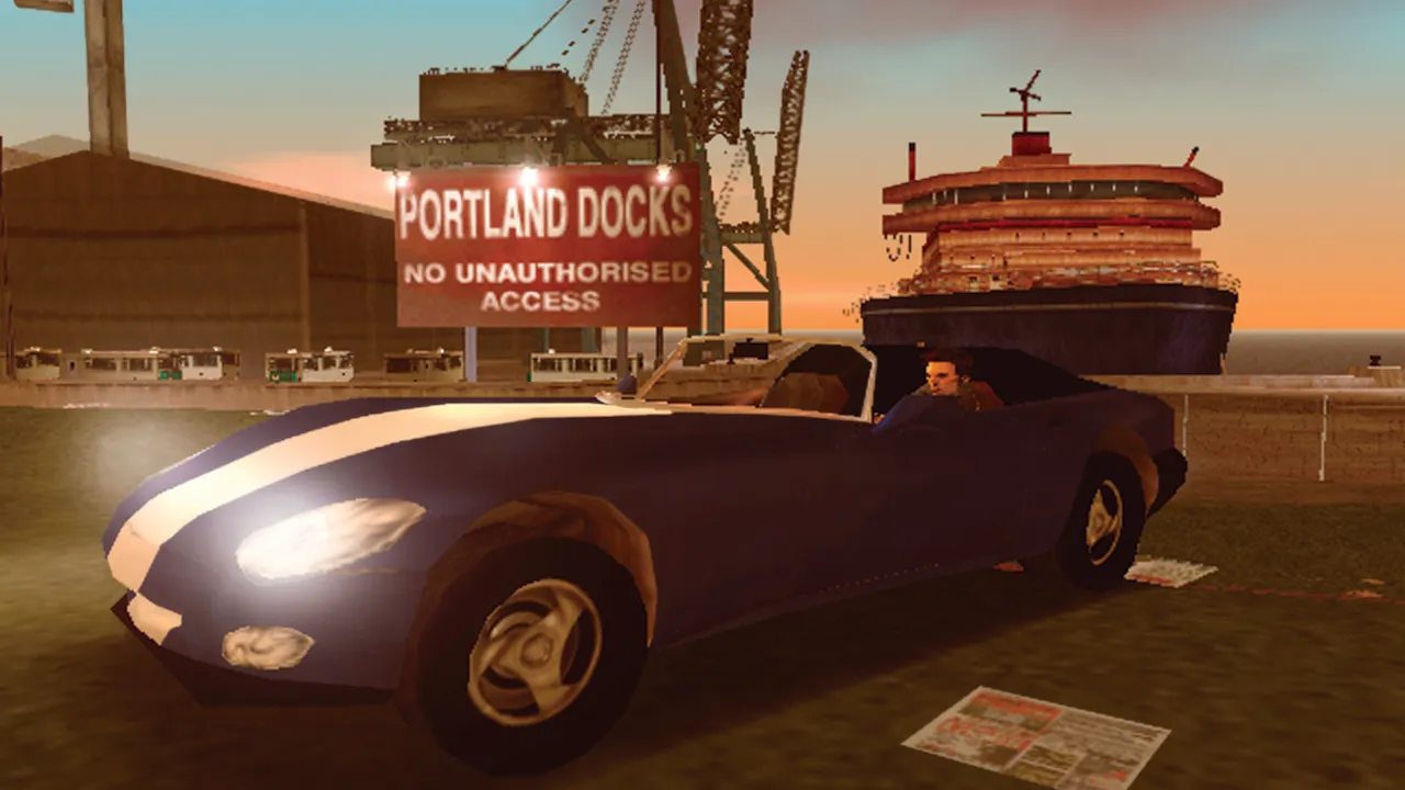 Claude drives the banshee sports car in Grand Theft Auto 3, from the PLAY Magazine GTA 3 20th anniversary Making Of feature