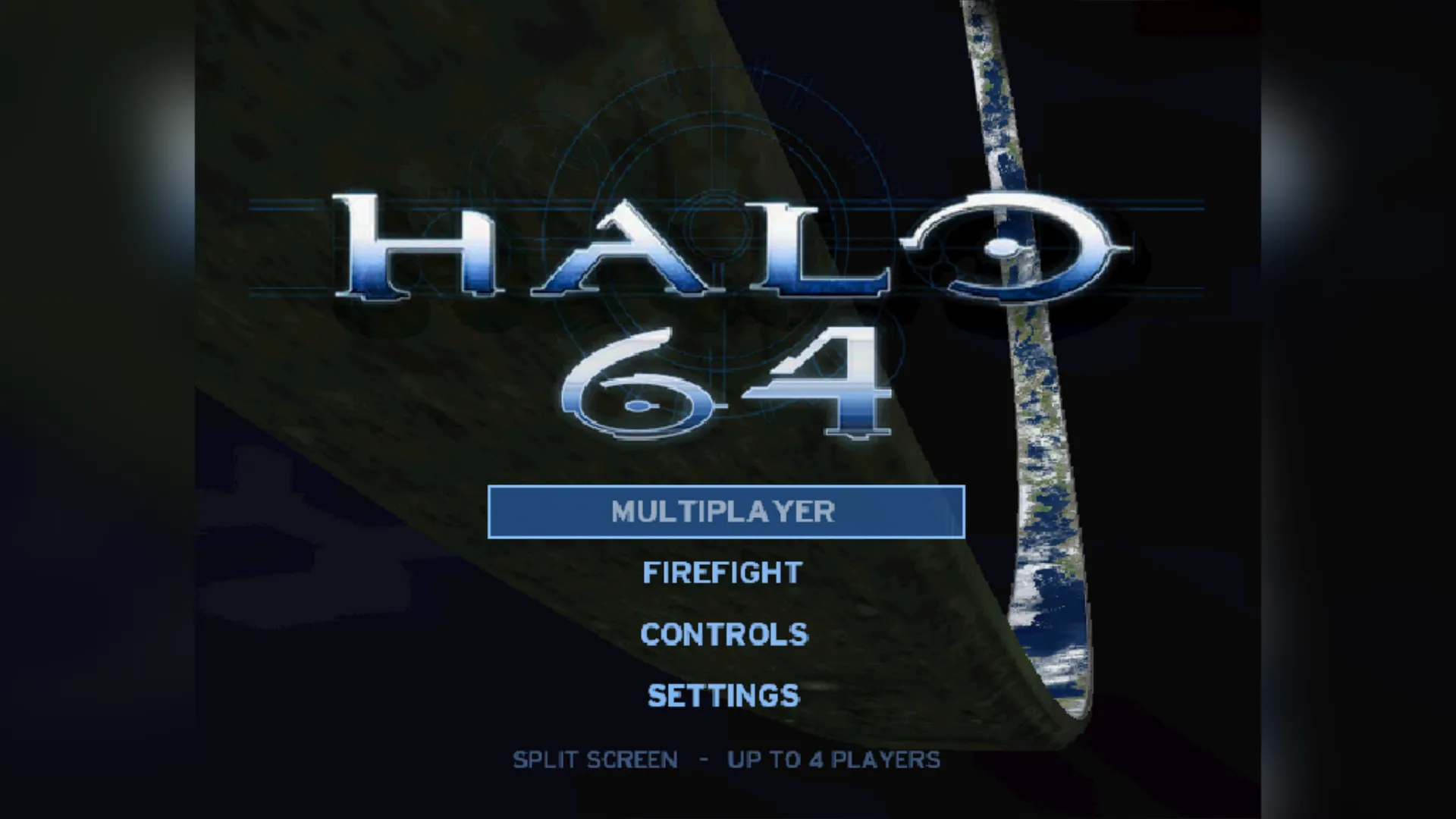 Halo-64 title screen on Nintendo 64, showing the multiplayer, Firefight, controls, and settings menu options.