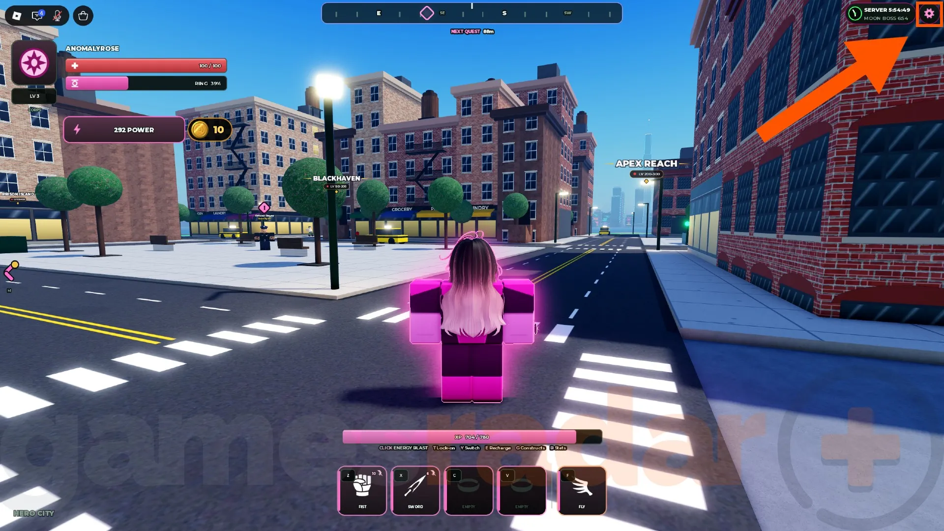An orange arrow points to the settings menu where you can redeem Lanterns codes.