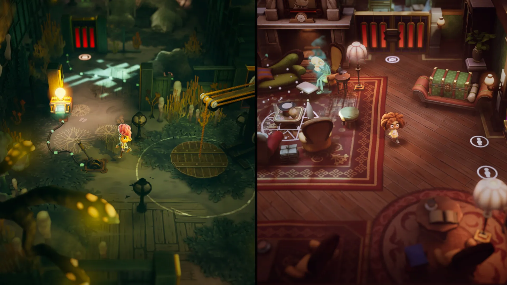A screenshot showing the split-screen feature in the upcoming co-op game, Stage Fright