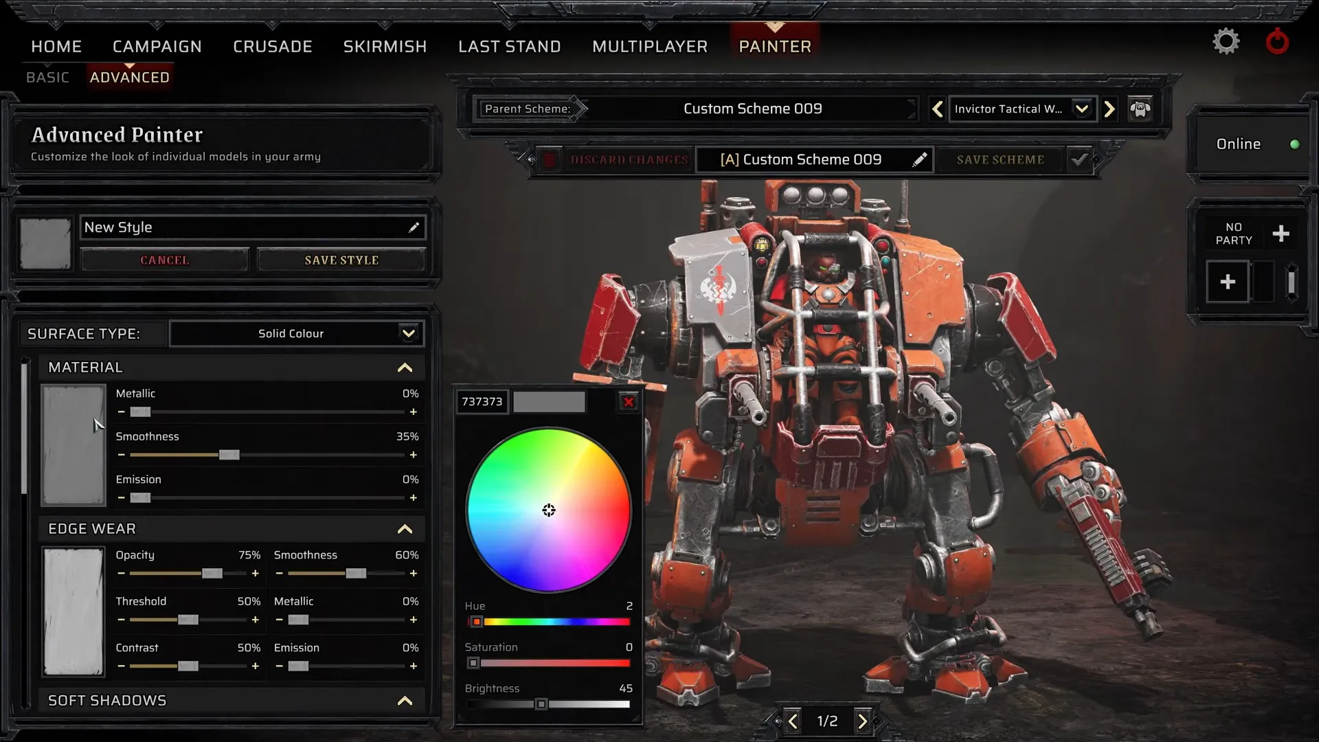 A bulky orange-and-gray combat mech stands in a dark workshop as a color wheel and Advanced Painter controls show its customization options.
