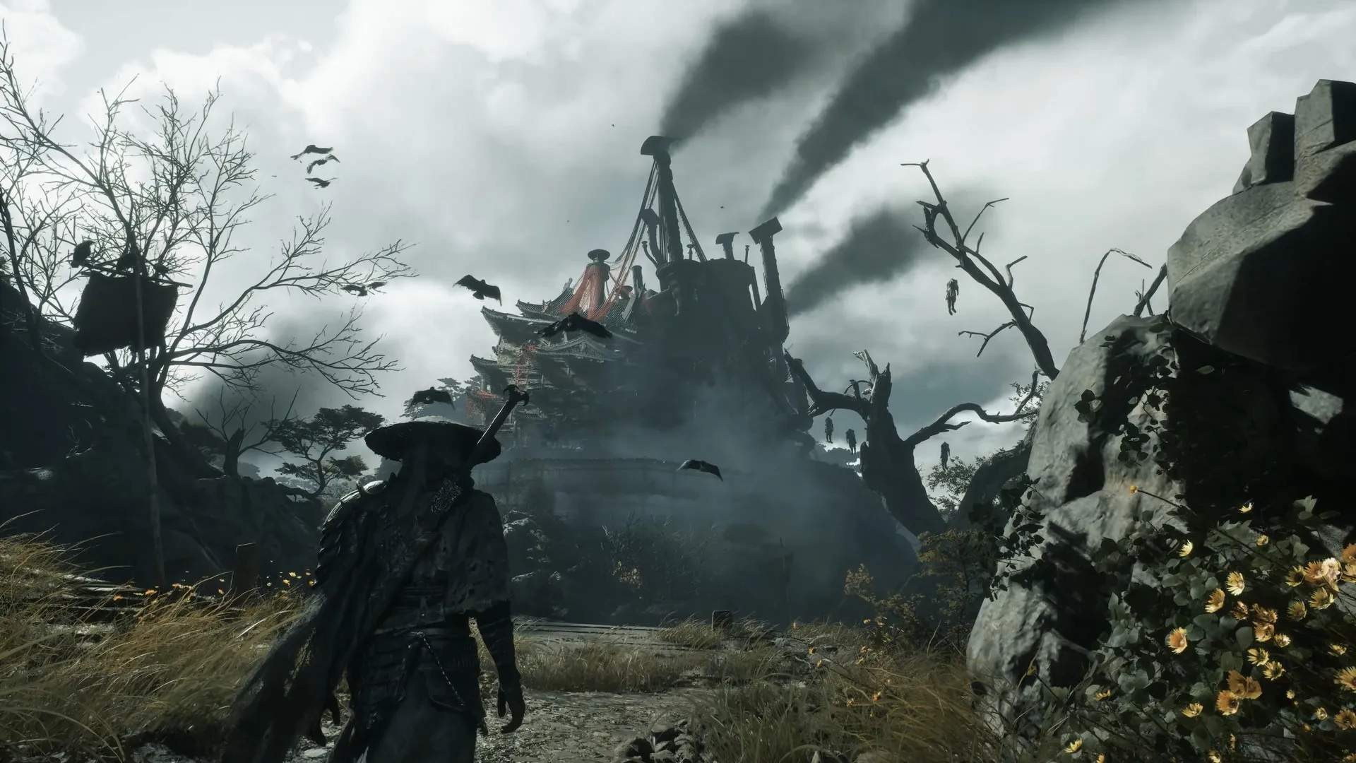 Soul walk towards a factory spewing smoke in Phantom Blade Zero