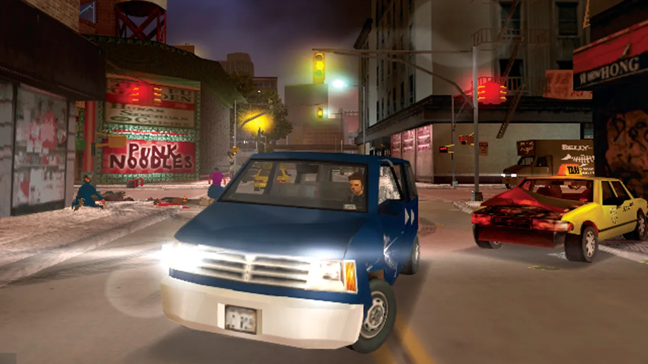 Claude wreaks havoc through the city in a minivan in Grand Theft Auto 3, from the PLAY Magazine GTA 3 20th anniversary Making Of feature